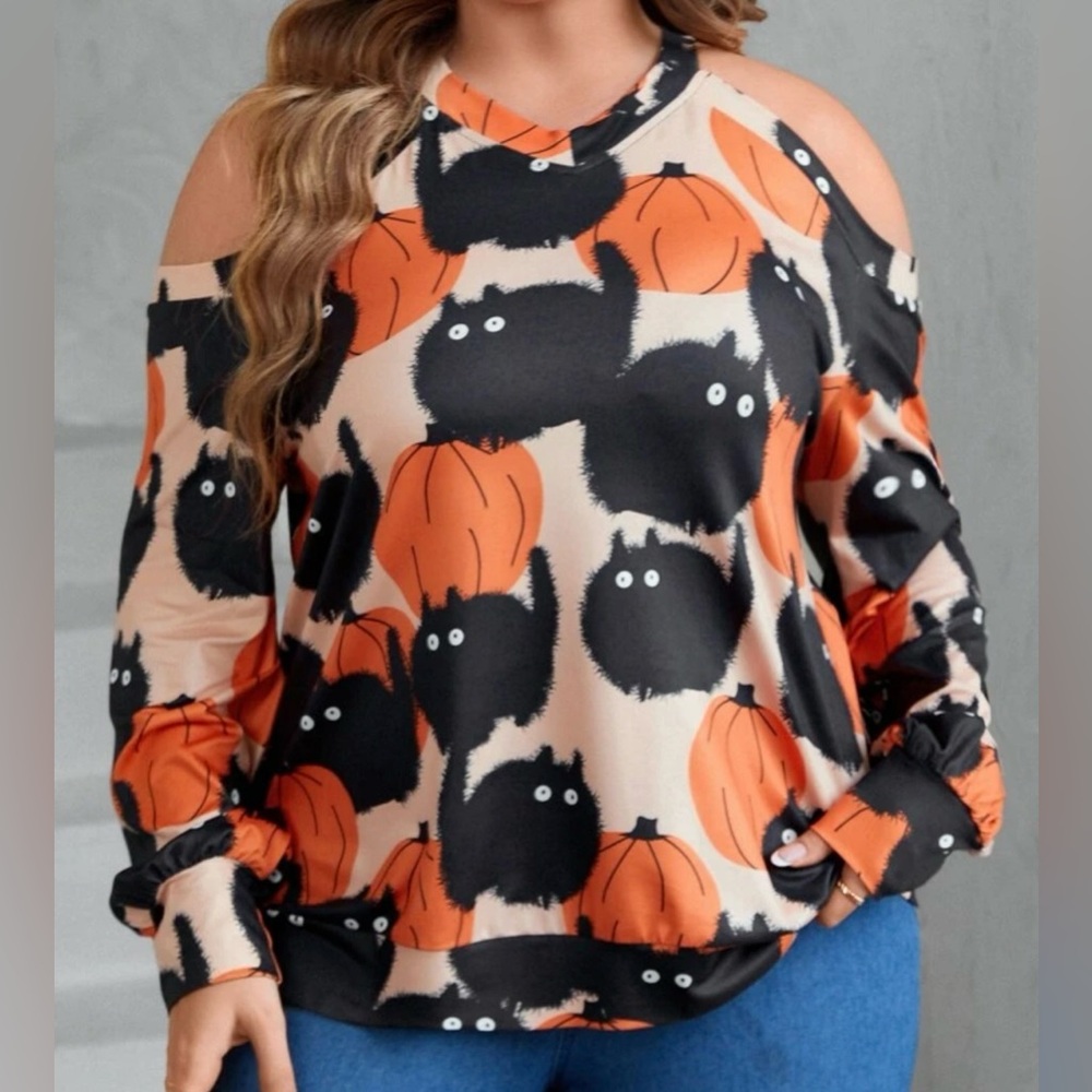 NEW 3 XL SHEIN Unity Plus Cat & Pumpkin Print Cold Shoulder Tee